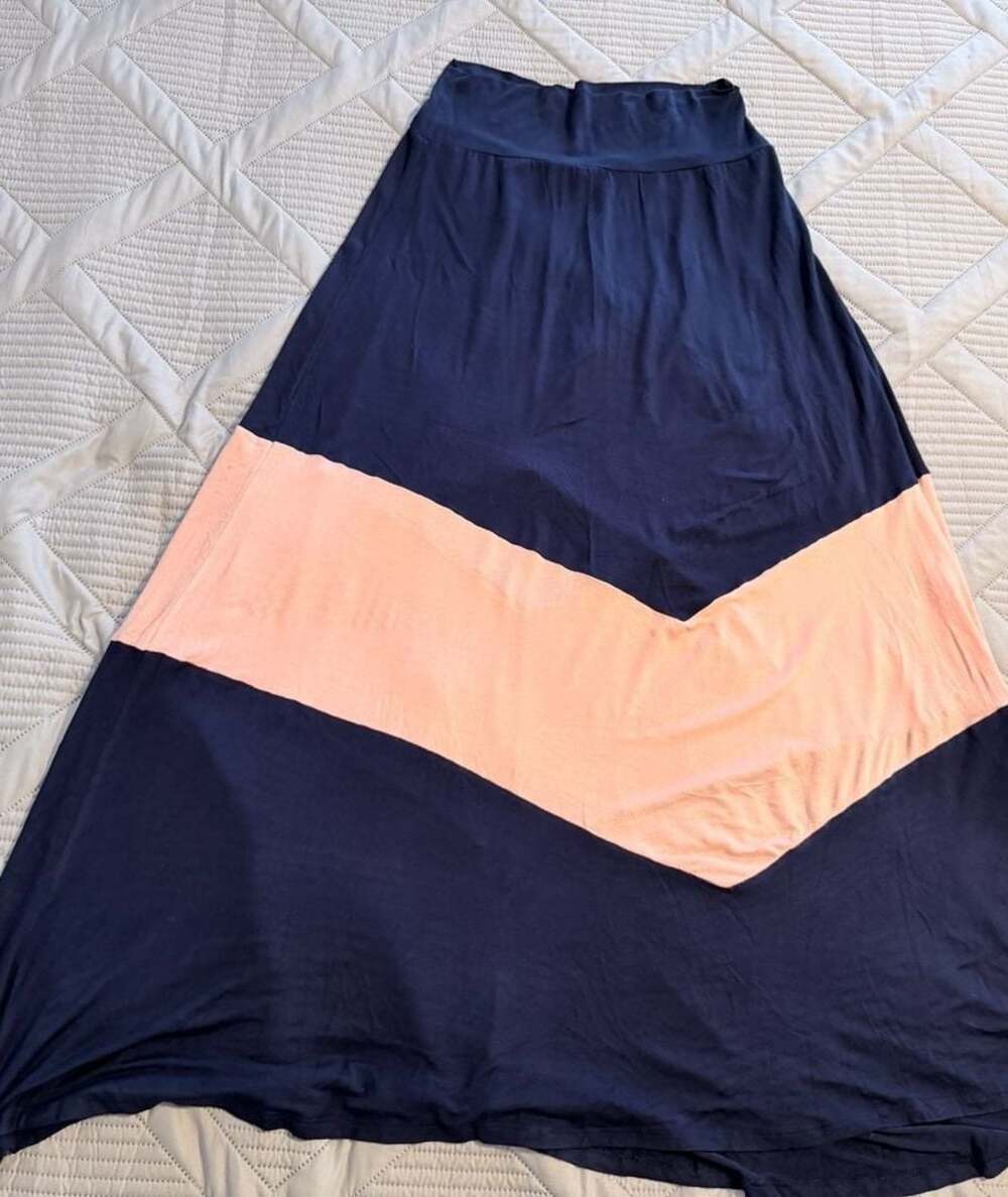 Alyx Navy Blue and Peach Colorblock Chevron Maxi Skirt